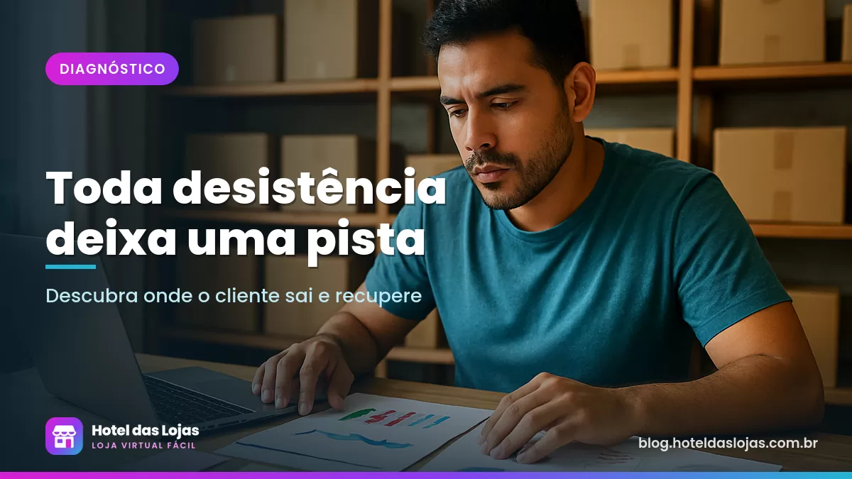 Lojista analisa anotações e gráficos impressos na mesa do estoque para entender desistências
