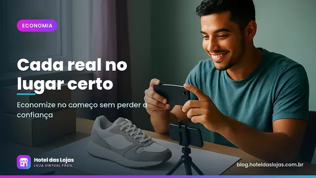 Empreendedor fotografa tênis com o celular em um estúdio caseiro improvisado perto da janela