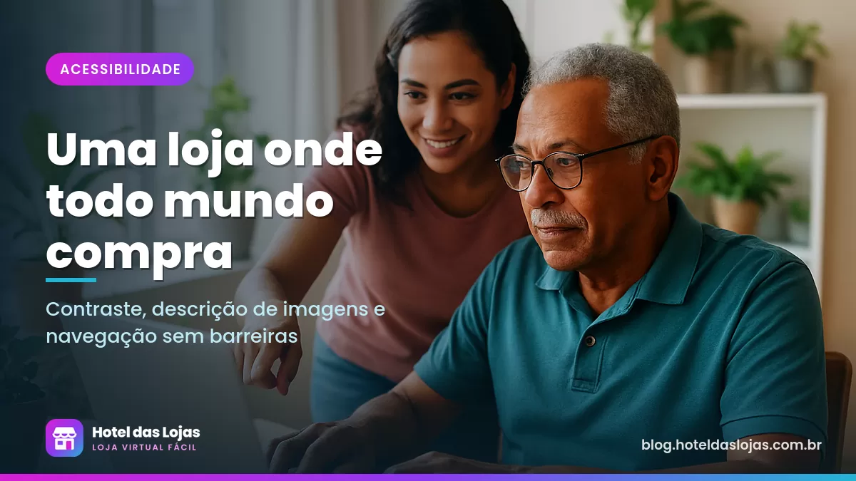 Homem idoso de óculos comprando pelo notebook com ajuda de um parente em uma mesa iluminada