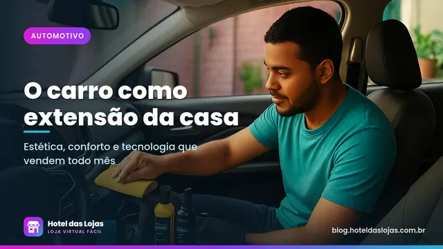 Homem limpa o painel do carro na garagem, com ceras, flanelas, aspirador portátil e suporte de celular no porta-malas