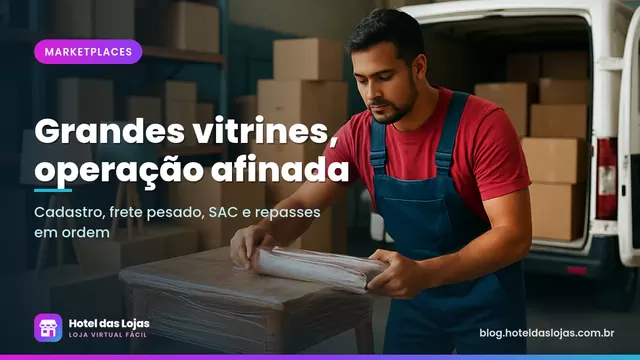 Funcionário embala uma mesa lateral com plástico protetor em um depósito de móveis com caixas empilhadas