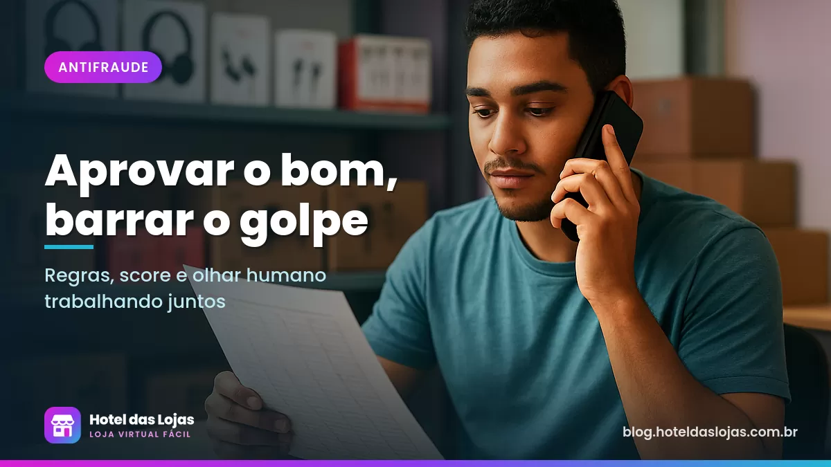 Funcionário de loja de eletrônicos revisa pedidos com uma lista de verificação e o telefone na mão