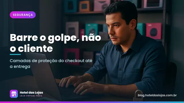 Gestora de loja virtual analisando pedidos no notebook em escritório com caixas de eletrônicos nas prateleiras