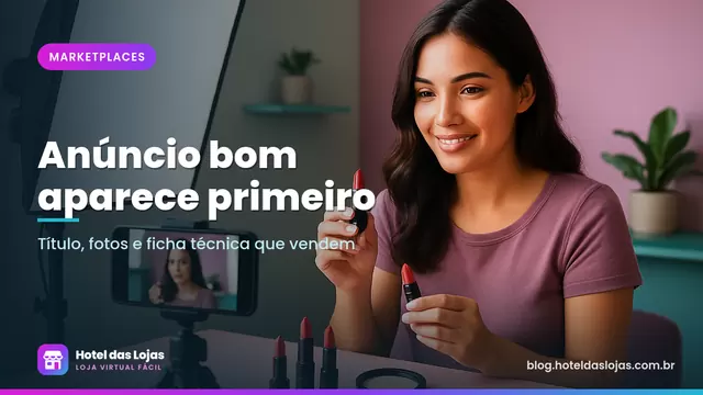 Empreendedora fotografa batons e pós compactos em fundo pastel com luz suave em um estúdio caseiro