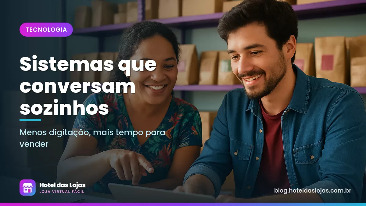 Lojista e desenvolvedor conversam em frente a um notebook em um escritório com prateleiras de produtos embalados