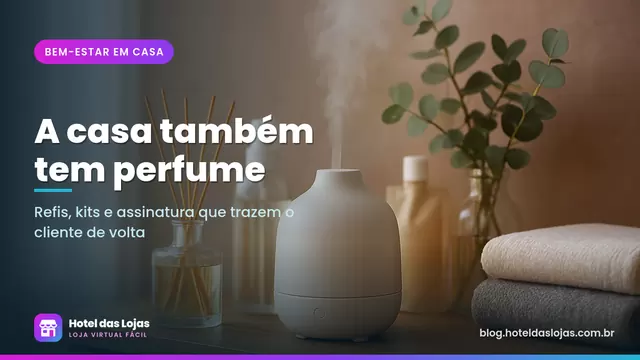 Prateleira com difusores de varetas, difusor elétrico soltando vapor, sprays de ambiente e refis ao lado de ramos de eucalipto