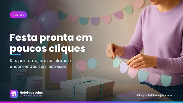 Mesa com balões em tons pastel, guirlandas de papel, copos e pratos coloridos e caixa de kit de festa sendo montada