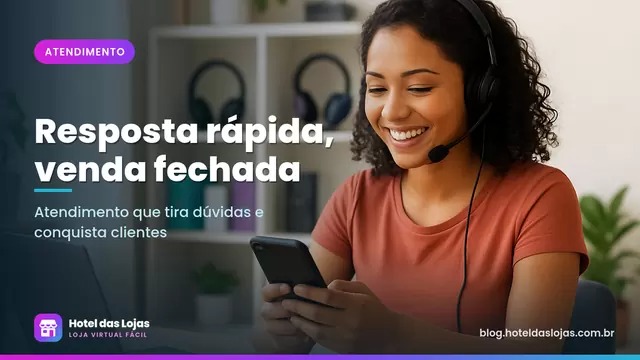 Atendente sorridente com fone de ouvido responde a mensagem no celular em um escritório claro