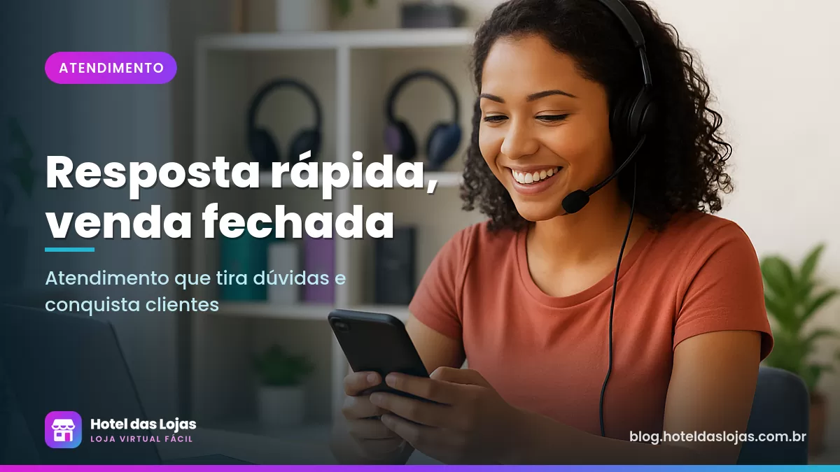 Atendente sorridente com fone de ouvido responde a mensagem no celular em um escritório claro