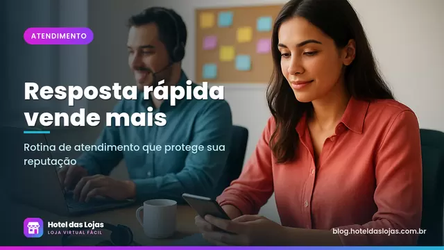 Duas pessoas em escritório pequeno respondem mensagens de clientes em notebooks e celular, com quadro de lembretes