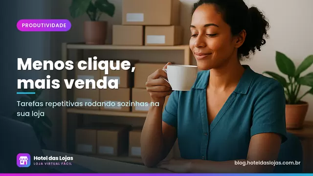Empreendedora toma café no escritório de casa com pedidos de skincare embalados e organizados na prateleira