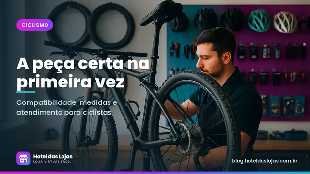 Mecânico ajustando câmbio de bicicleta no cavalete em oficina com pneus, capacetes e peças organizadas na parede