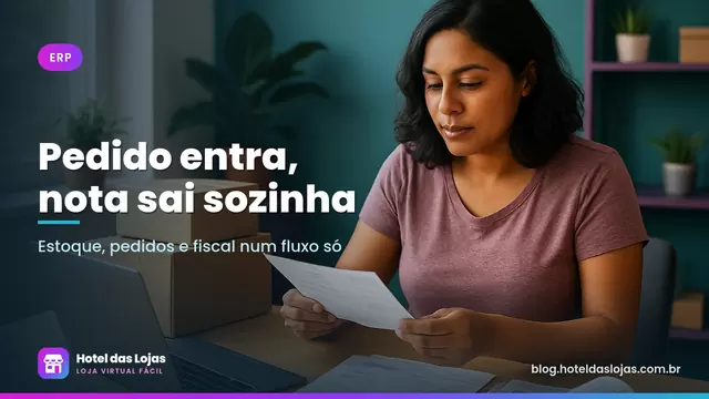 Empreendedora organiza notas fiscais impressas e etiquetas de envio ao lado de caixas prontas para despacho