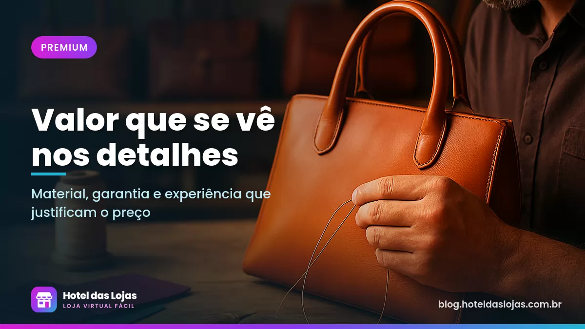 Artesão costurando à mão uma bolsa de couro caramelo em bancada de madeira com bolsas prontas ao fundo