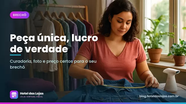 Mulher mede jaqueta jeans com fita métrica ao lado de arara com roupas de brechó selecionadas