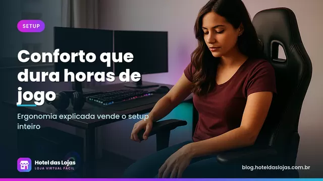 Jovem ajusta o braço de uma cadeira gamer diante de mesa com dois monitores, teclado e fone