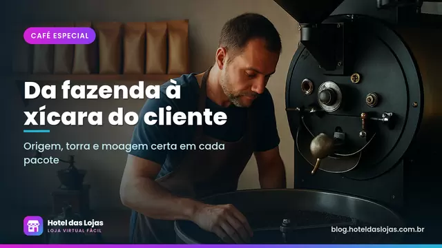 Torrefador confere grãos recém-torrados ao lado de pacotes kraft de café especial e moedor manual