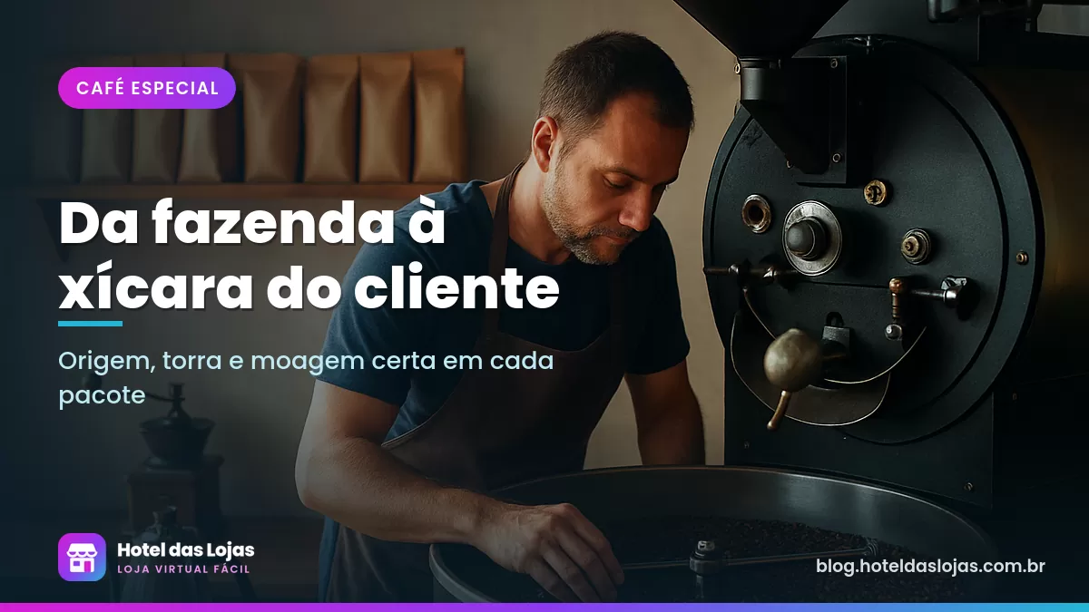Torrefador confere grãos recém-torrados ao lado de pacotes kraft de café especial e moedor manual