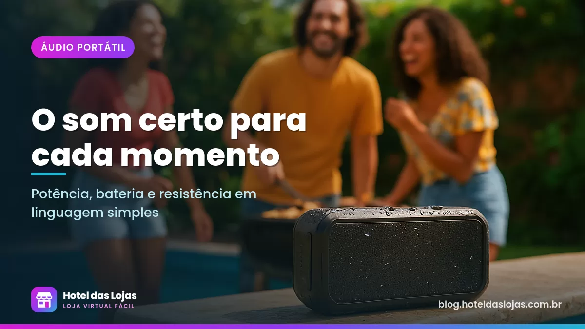 Caixa de som portátil com gotas de água na borda da piscina e amigos reunidos ao fundo em dia de sol