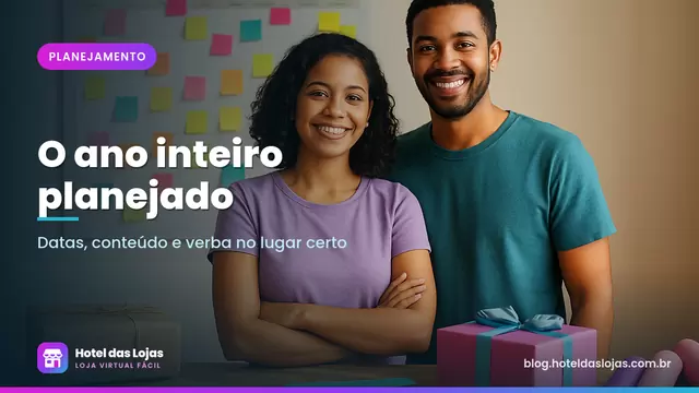 Casal de lojistas organiza as campanhas do ano em um grande calendário de parede com notas coloridas
