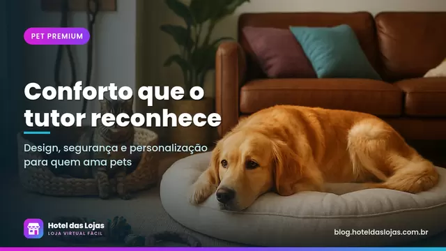 Golden retriever deitado em cama redonda de linho ao lado de gato em cesto, com coleira e guia de couro penduradas