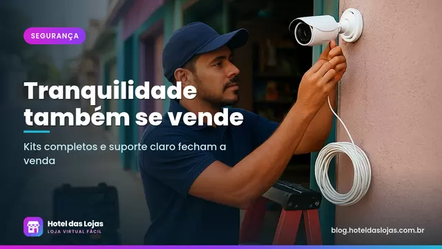 Técnico instala câmera de segurança externa na fachada de um pequeno comércio com escada e caixa de ferramentas