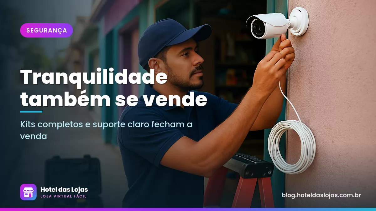 Técnico instala câmera de segurança externa na fachada de um pequeno comércio com escada e caixa de ferramentas