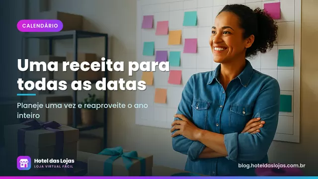 Lojista organizando notas coloridas em um calendário de parede ao lado de caixas de presente