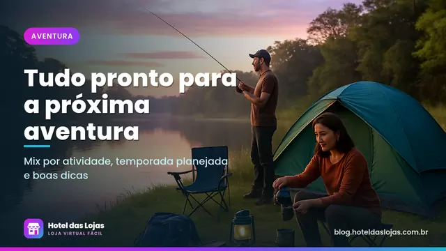 Acampamento à beira de rio ao amanhecer com barraca, cadeiras e lampião, enquanto um homem pesca na margem