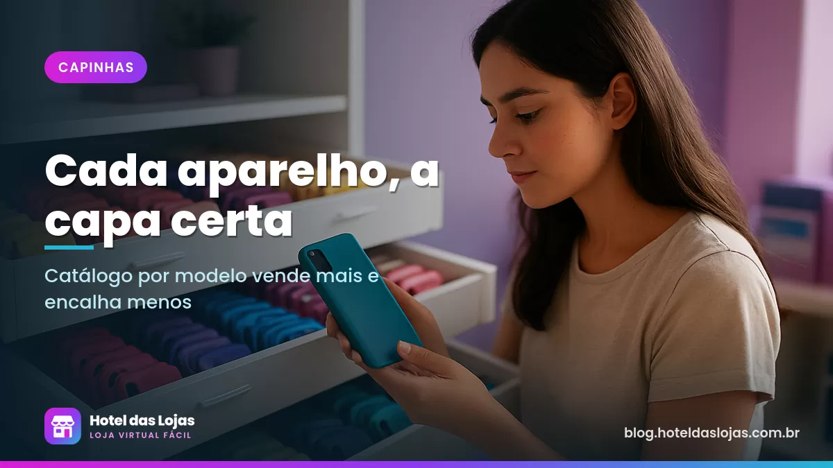 Jovem lojista separa uma capinha em gavetas organizadas por modelo em um armário branco