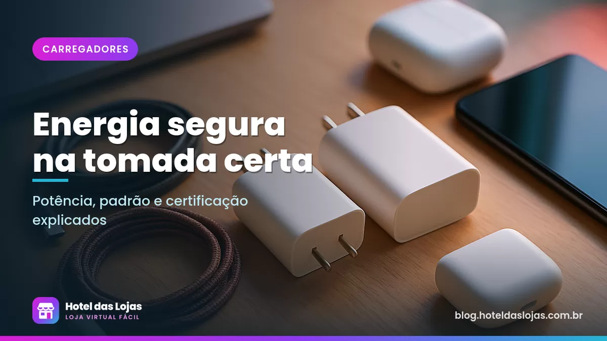 Carregadores de tomada de vários tamanhos e cabos trançados organizados sobre uma mesa clara