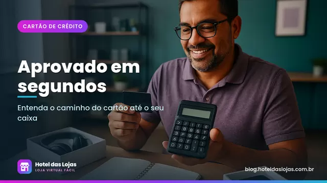 Lojista de eletrônicos fazendo contas com calculadora e cartão na mão, cercado de caixas de produtos
