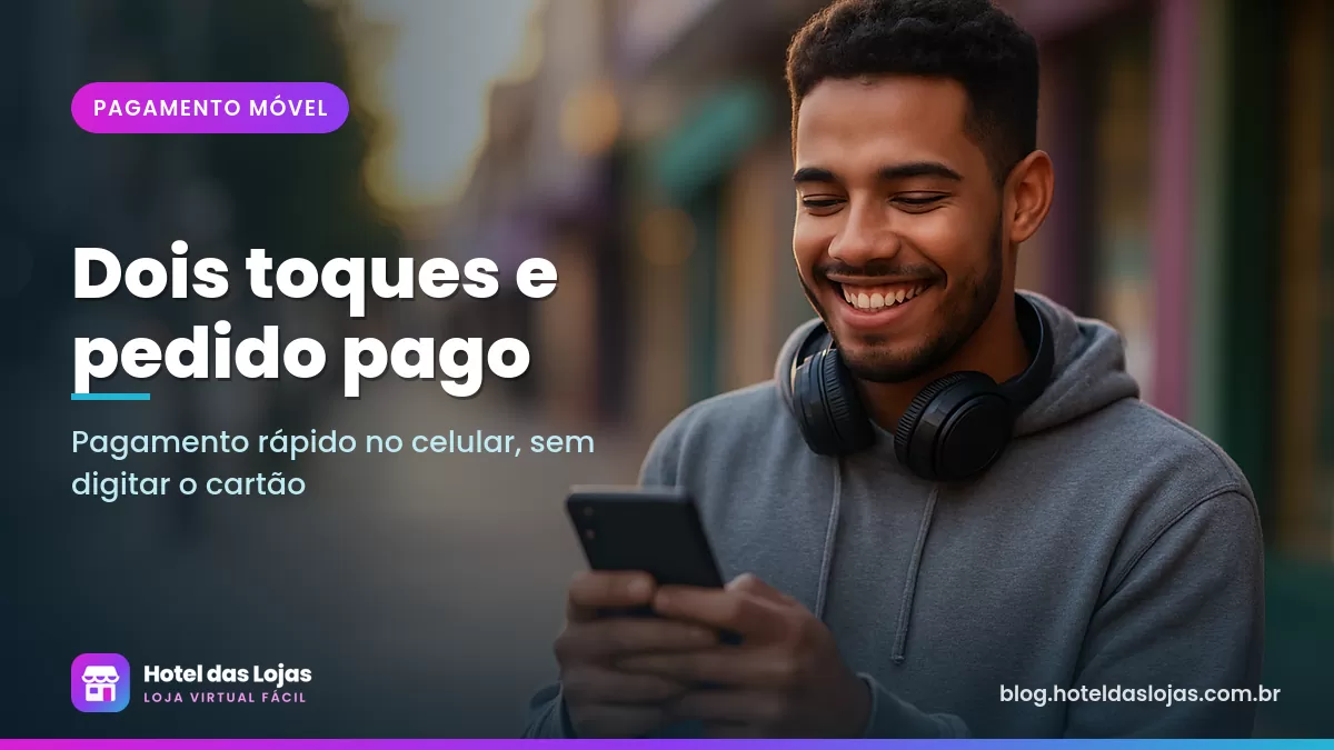 Jovem na calçada sorri ao concluir uma compra pelo celular com fone de jogo no pescoço