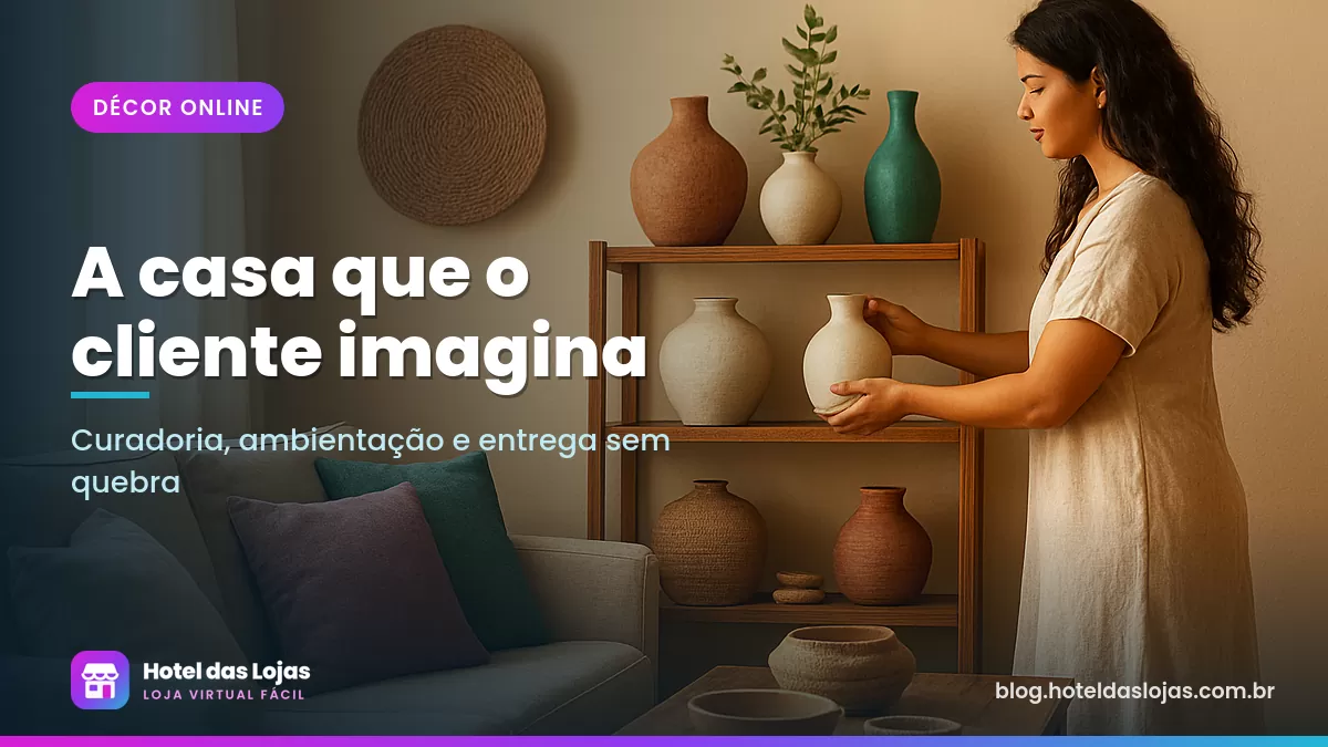 Mulher arrumando vaso de cerâmica em estante de sala aconchegante com almofadas de linho e cestos