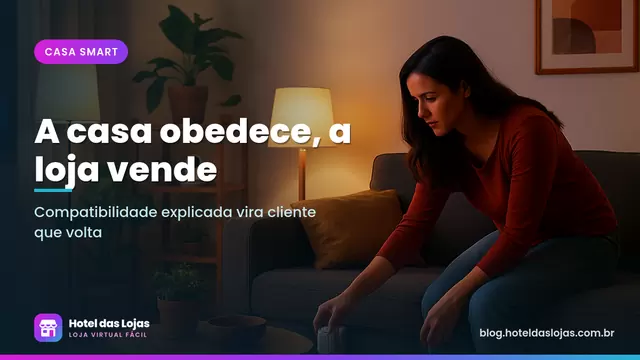 Mulher ajusta tomada inteligente em sala aconchegante com lâmpadas smart acesas e câmera na estante