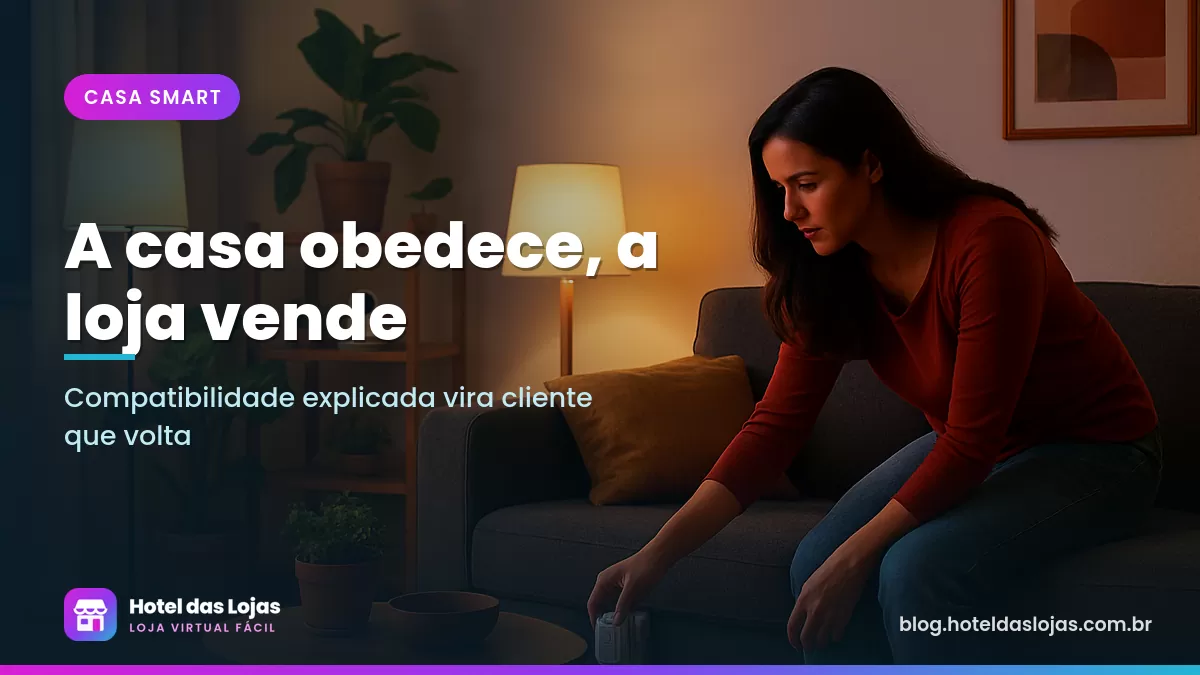 Mulher ajusta tomada inteligente em sala aconchegante com lâmpadas smart acesas e câmera na estante