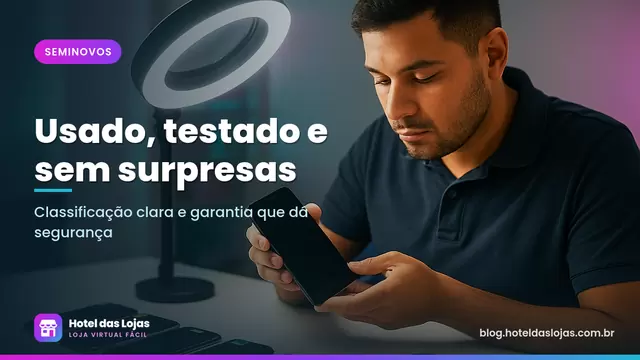 Técnico inspeciona celular usado sob luz circular em bancada com outros aparelhos seminovos etiquetados