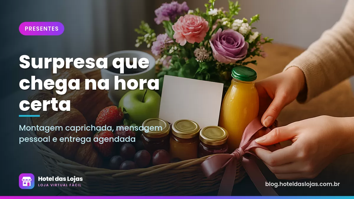 Mulher amarra fita em cesta de café da manhã com frutas, pães, geleias, café e flores sobre mesa de madeira