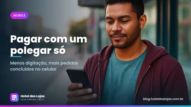 Homem em um ponto de ônibus segura o celular com uma mão só, pronto para finalizar uma compra online