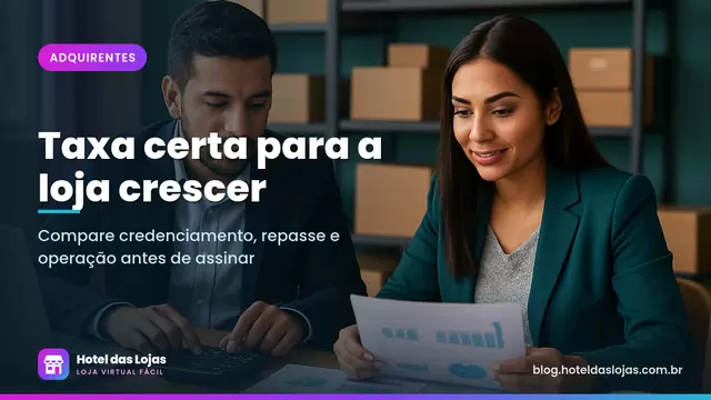 Dois sócios de uma loja virtual comparam relatórios financeiros e taxas de cartão em uma mesa de escritório