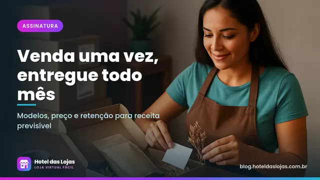 Empreendedora montando caixas de assinatura mensal com pacotes de café em uma bancada de madeira