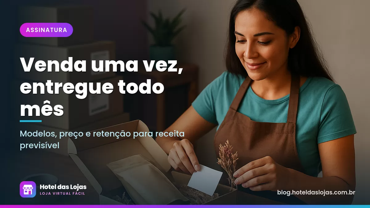 Empreendedora montando caixas de assinatura mensal com pacotes de café em uma bancada de madeira