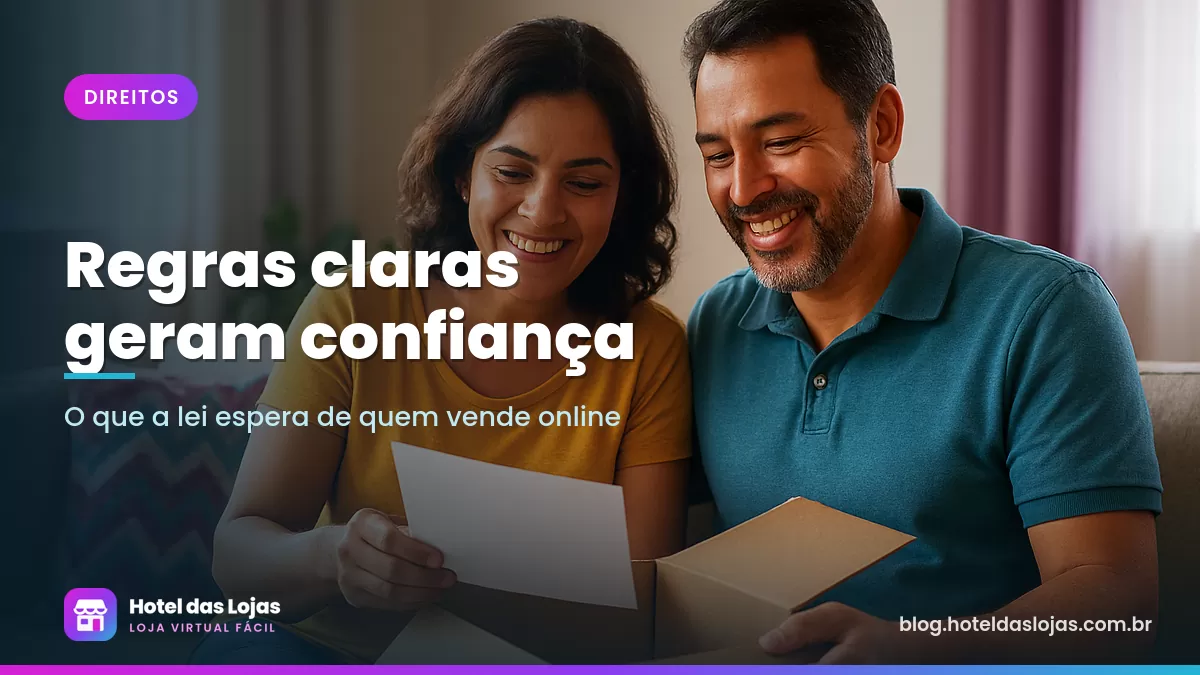 Casal abre uma encomenda no sofá de casa e lê o cartão que veio junto com o produto