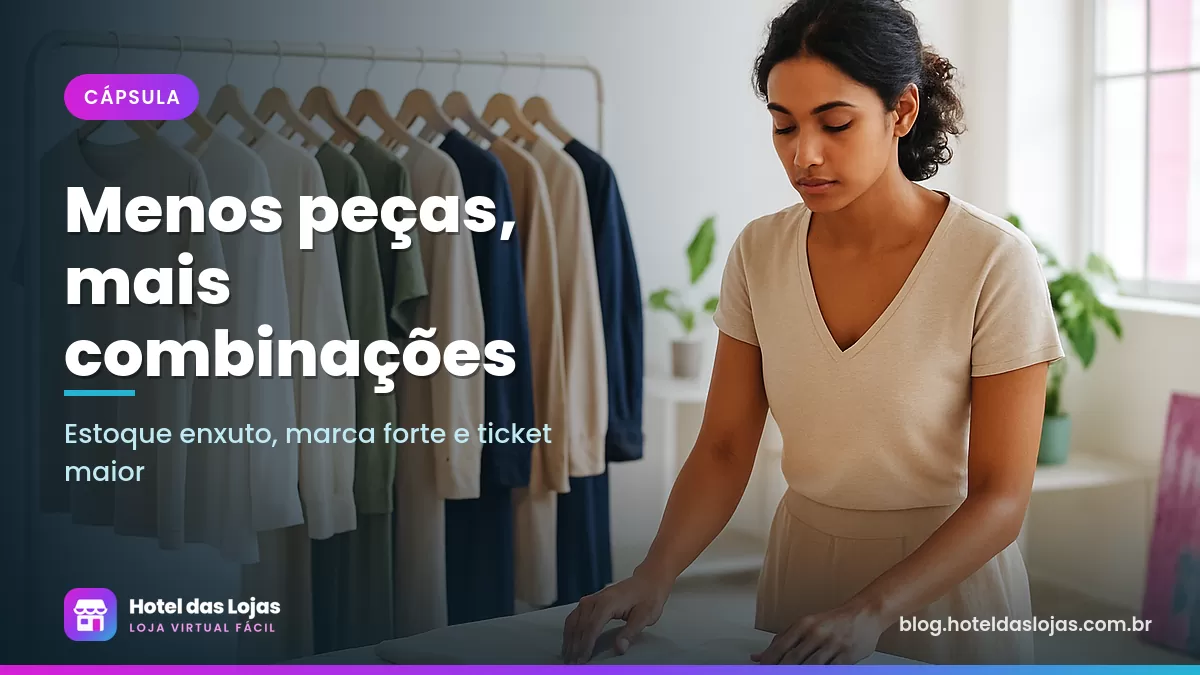 Arara minimalista com doze peças coordenadas em tons neutros e estilista montando looks sobre a mesa