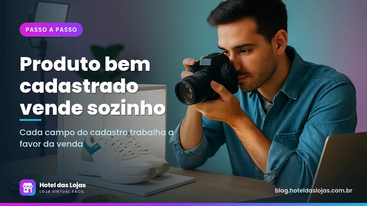 Empreendedor fotografando um tênis em mesa branca com balança e fita métrica ao lado para cadastrar na loja