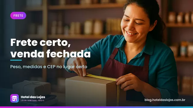 Lojista mede uma caixa de papelão com fita métrica ao lado de uma balança digital com pacote embalado