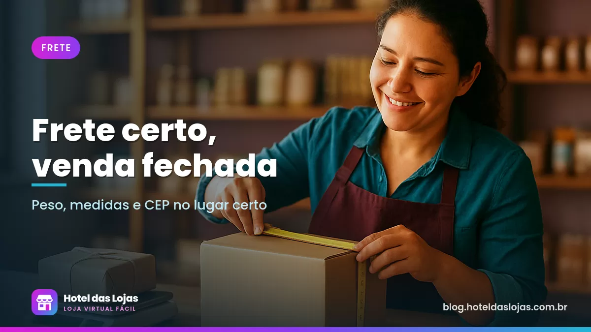 Lojista mede uma caixa de papelão com fita métrica ao lado de uma balança digital com pacote embalado
