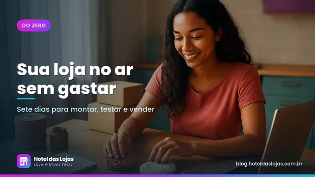 Empreendedora organiza produtos artesanais ao lado do notebook enquanto monta a loja virtual em casa