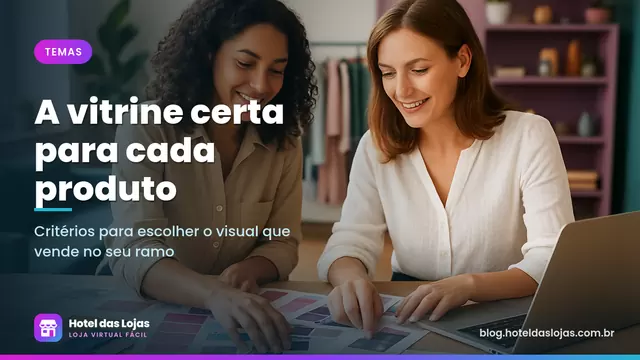 Lojista e designer escolhendo cores, amostras e fotos de produtos em uma mesa para definir o visual da loja virtual