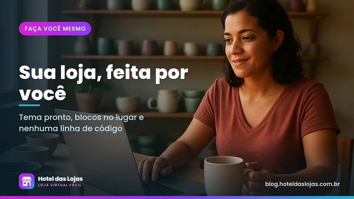 Ceramista trabalha sozinha no notebook no ateliê, cercada de canecas e tigelas feitas à mão
